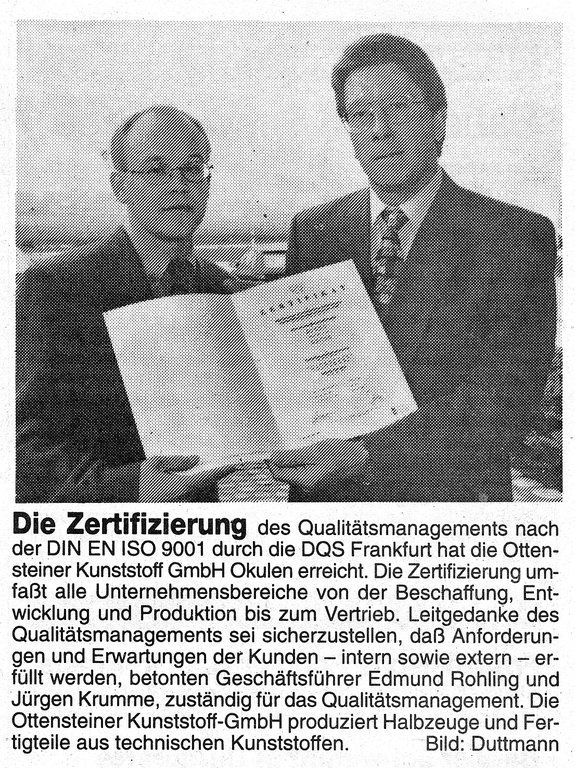 1995-Zeitungsbericht QM-Zertifizierung